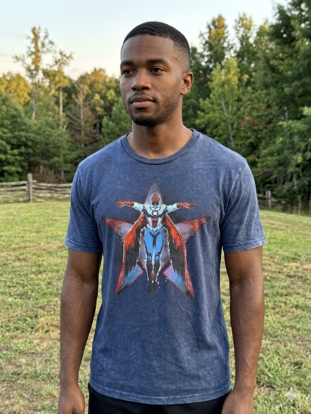 Captain America The Falcon Marvel Men's Washed Blue Short Sleeve Tee NWOT